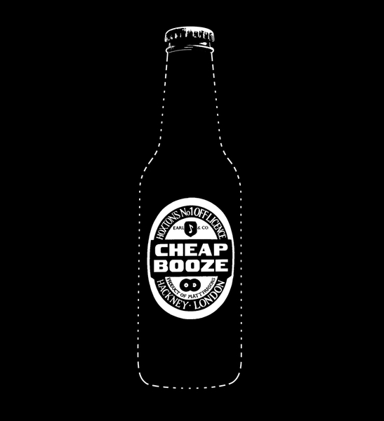 ‘Cheap Booze’ – Black and white graphic for Cheap Booze T-Shirt and window
display project 2014.