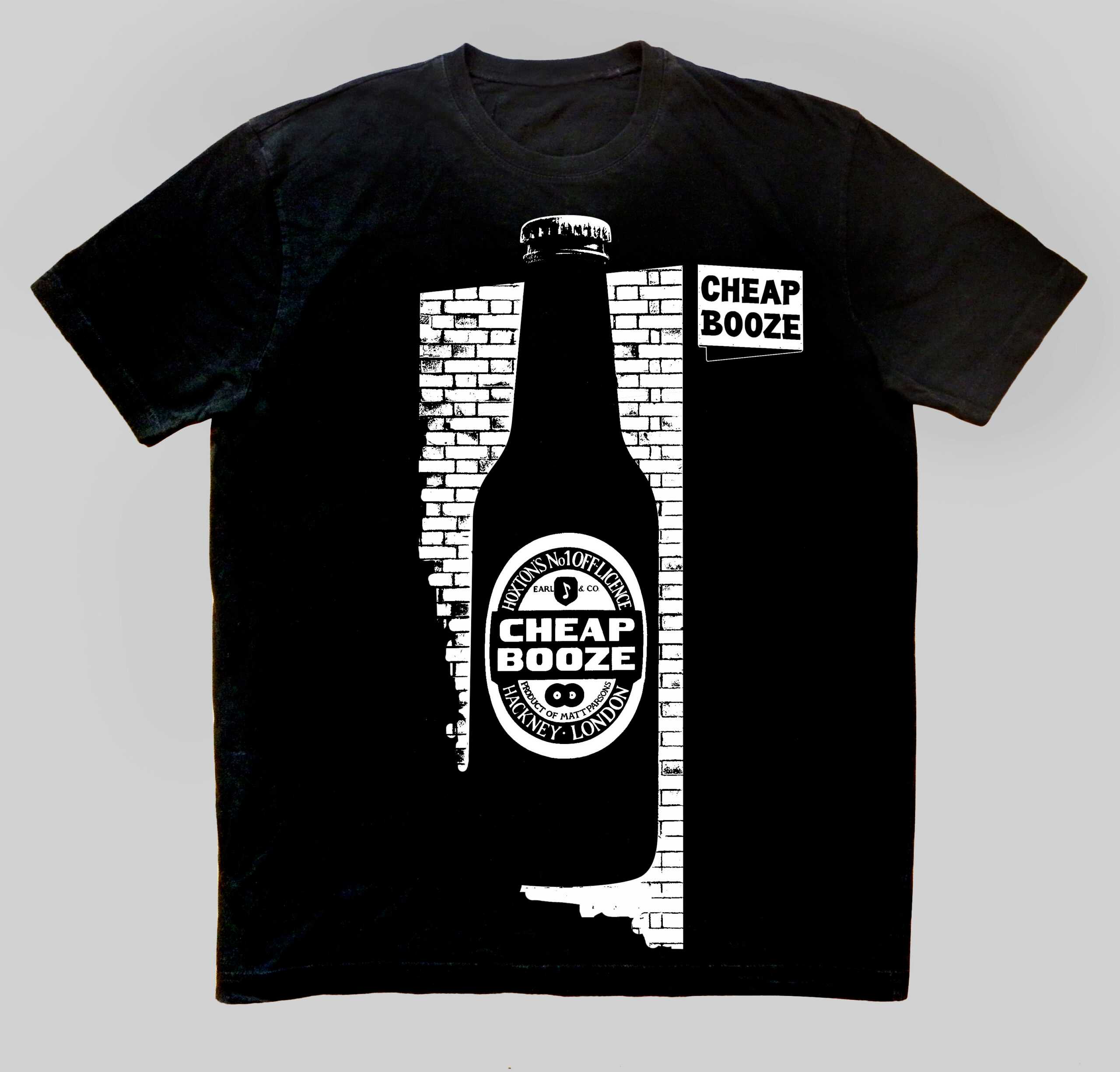 Cheap Booze T-Shirt: Variation – Bottle, brick, placard sign.