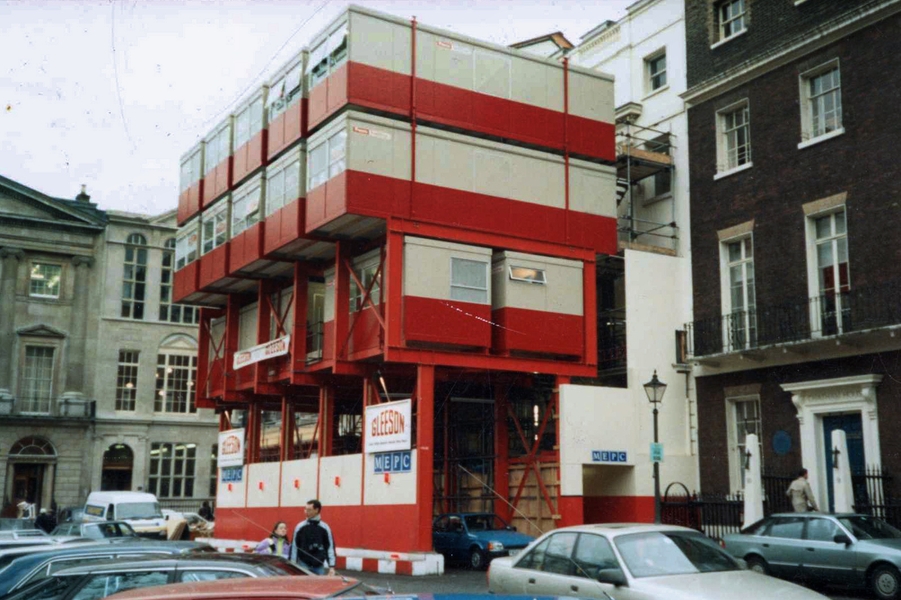 Freeform Artworks – painted site hoarding, St James Square  1989.
Proposed site for hoarding commissioned to hide portacabins.