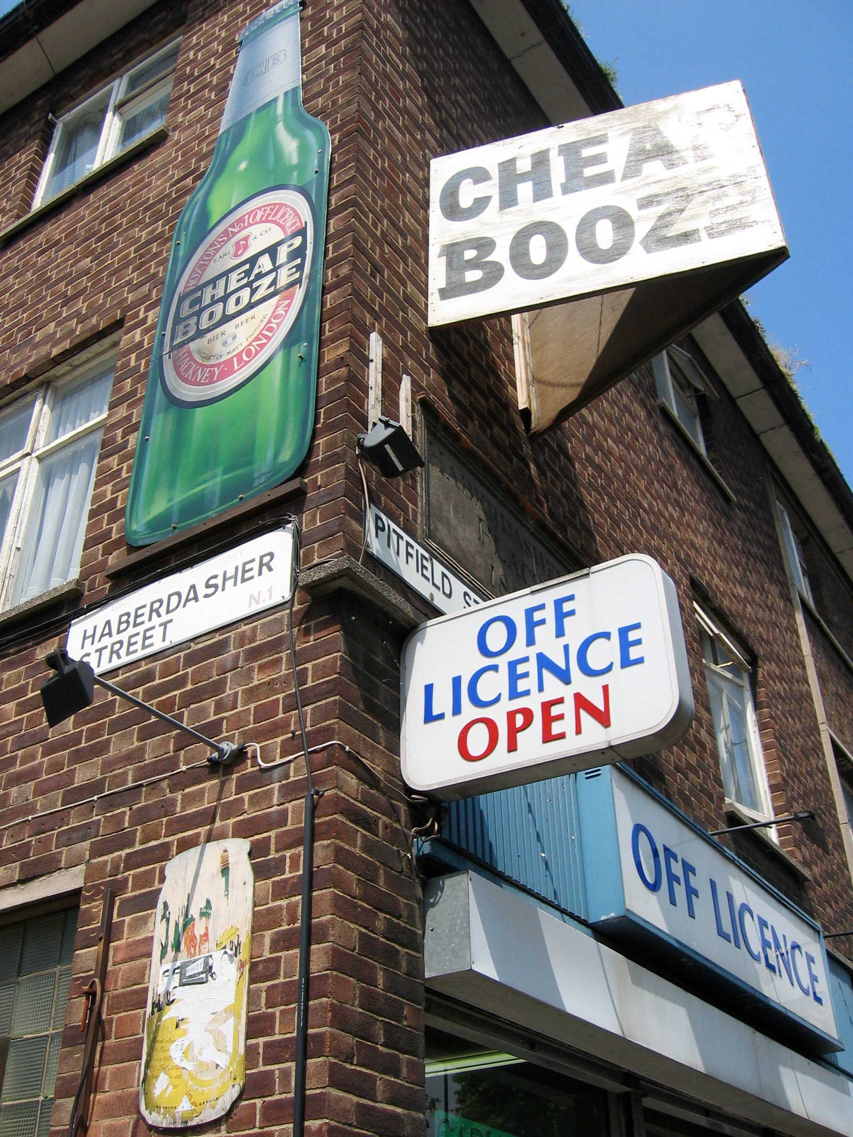 Closeup of the Cheap Booze corner with painted bottle cut-out, original ‘Cheap
Booze’ sign and remains of my first ‘Holsten’ cut-out sign.

