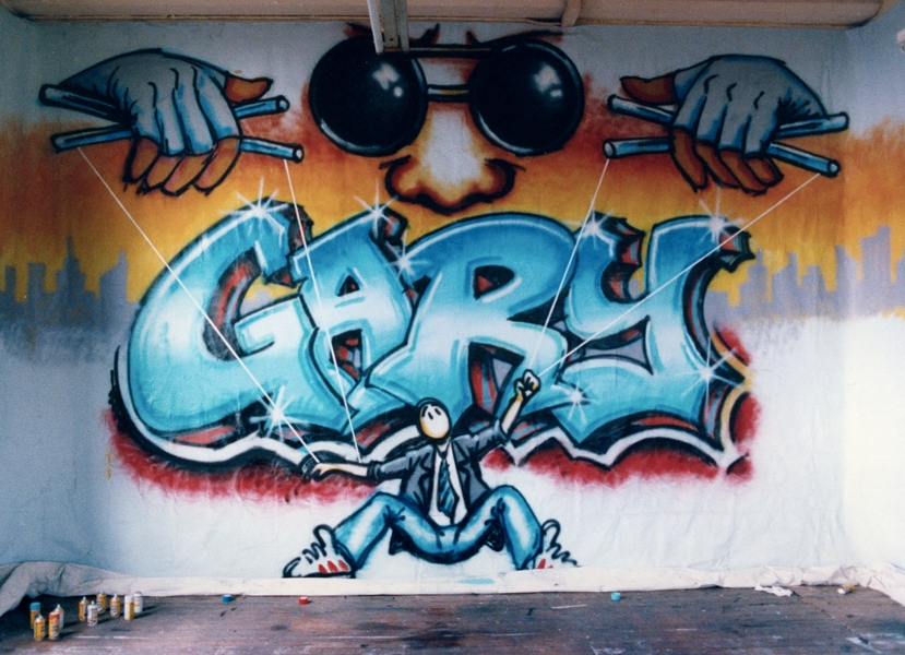 ‘Gary’ – Theatre production  1995.  Graffitti style painted backdrop.
