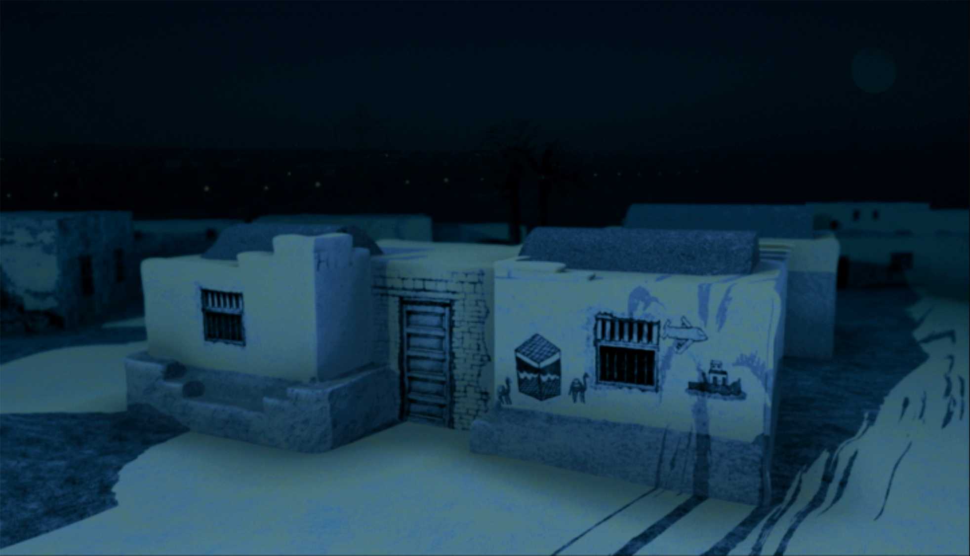 ‘Kaf El Amar’ – Film, Egypt  2011.

Still from the film’s animated title sequence. Original drawings applied to 3D
model.