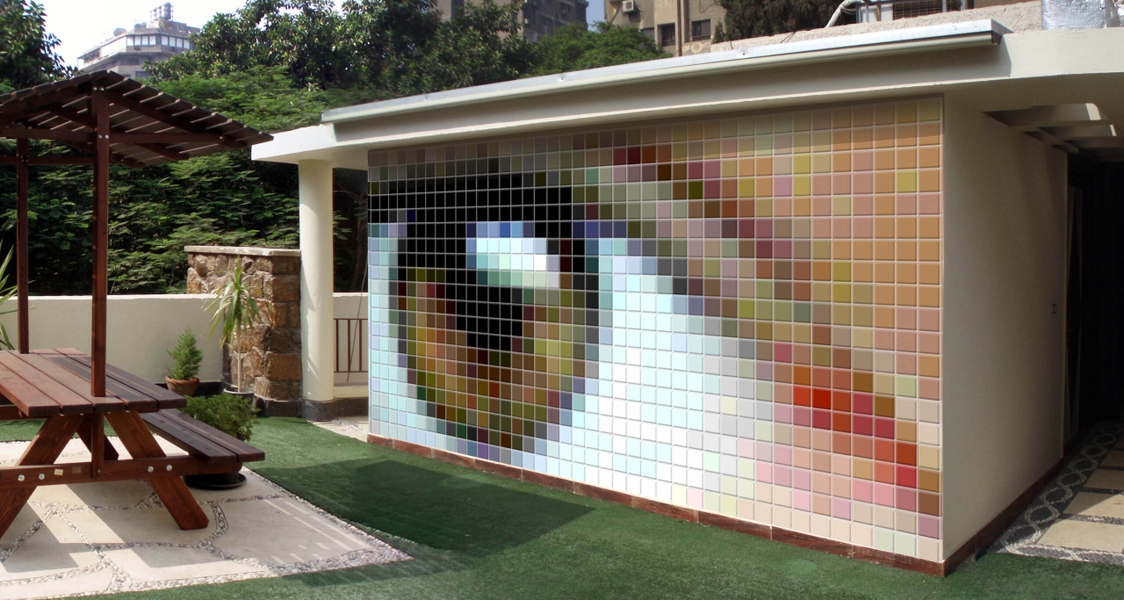 ‘Frame Film Services’ – Post Production Company, Cairo, Egypt  2010.  Part of a
series of design proposals for a roof terrace mural: Ceramic tiles as pixels.