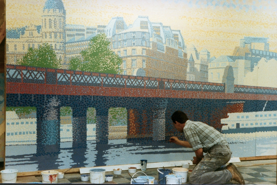 Freeform Artworks – painted site hoarding, Embankment  1989.  Studio work in
progress.