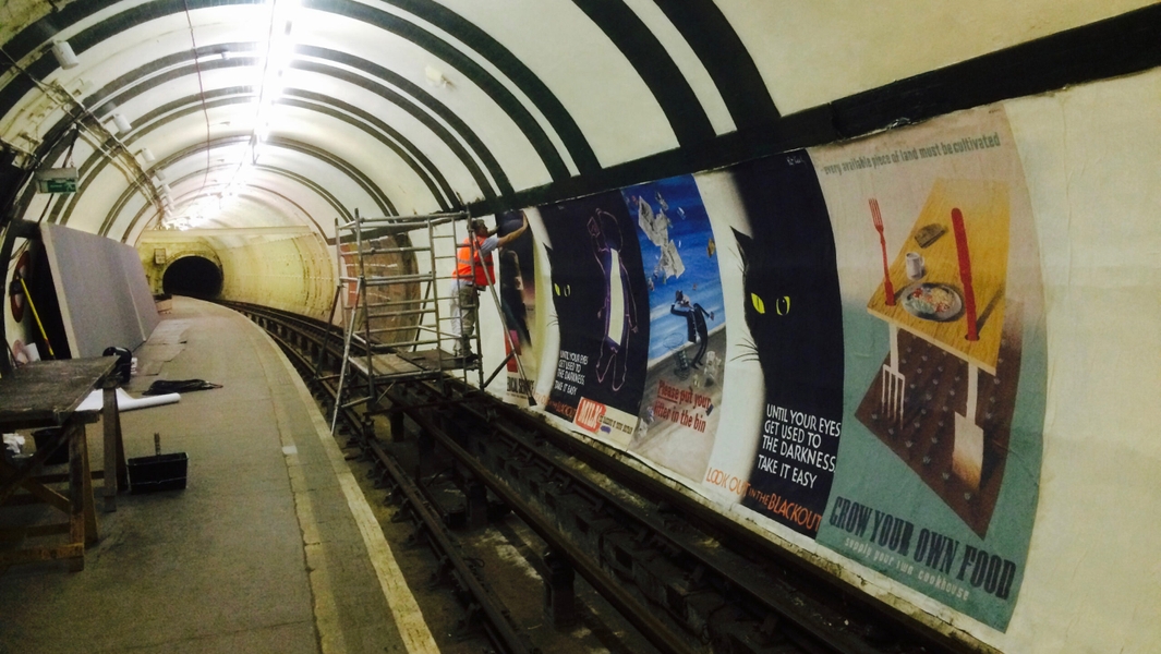 ‘Darkest Hour’ – Film  2017.  Location: Aldwych Underground Station.
World War 2 posters.