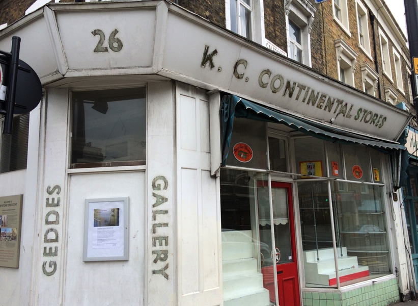 ‘Geddes Gallery’ – Kings Cross, London  2016. Legendary Italian delicatessen-
‘Continental Stores’ converted into temporary art gallery after closure. Painted
gallery sign to match remains of old shop sign.